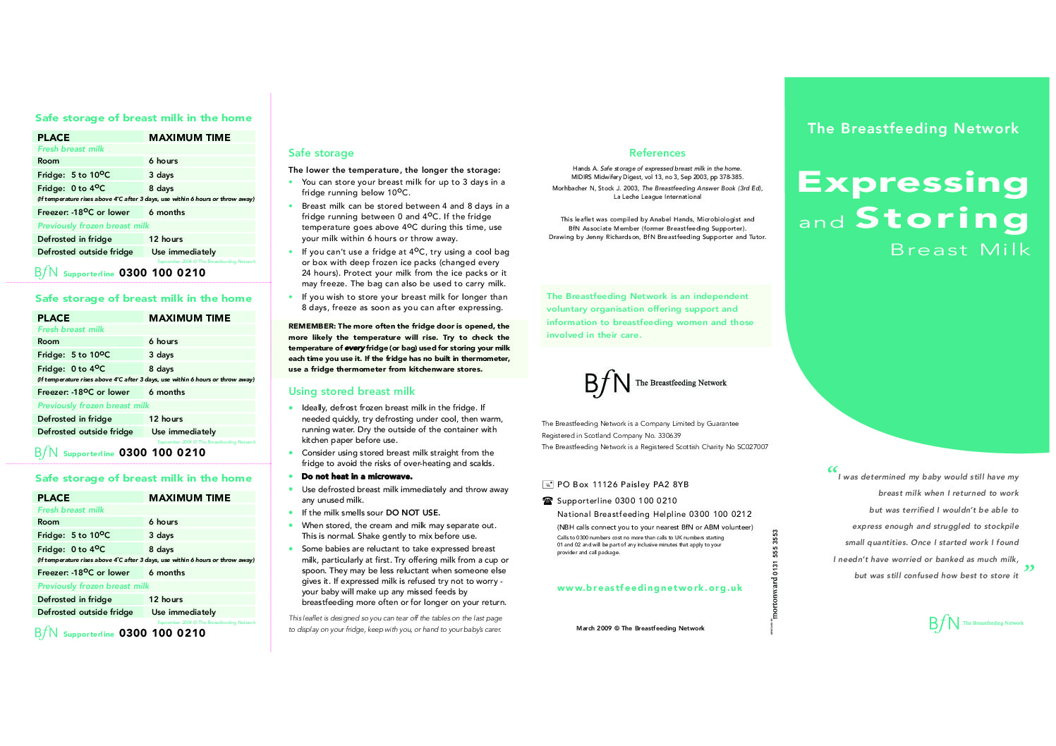 The Breastfeeding Network leaflet on expressing and storing breastmilk