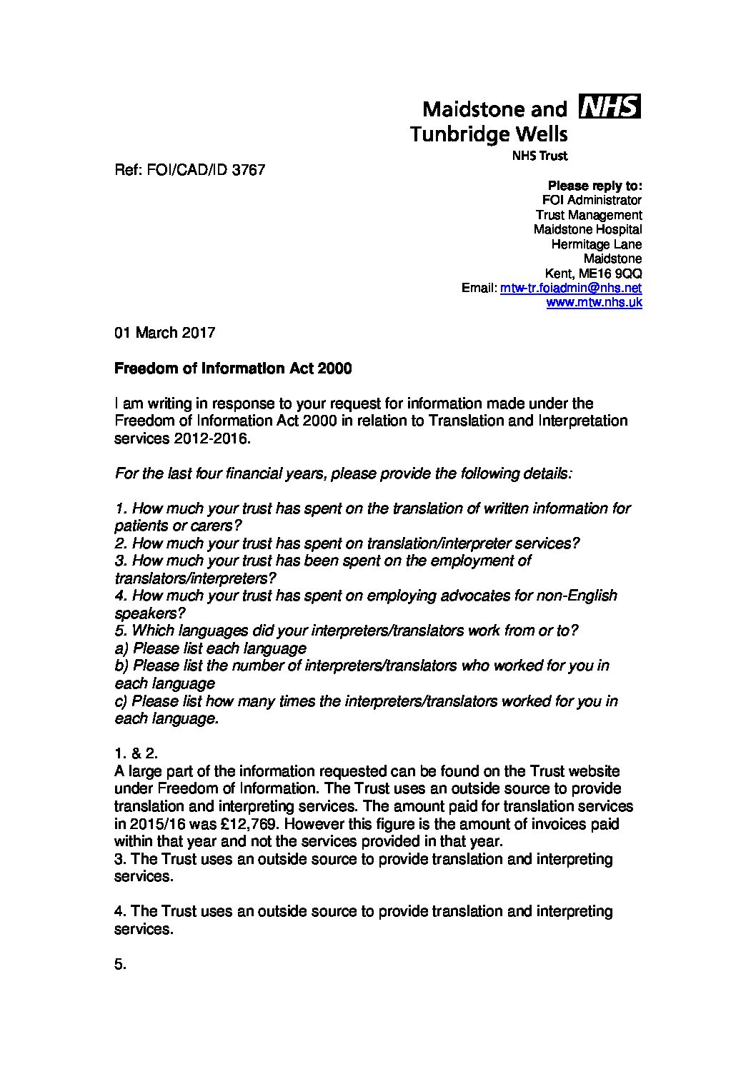 Download response Translation and Interpretation services 20122016