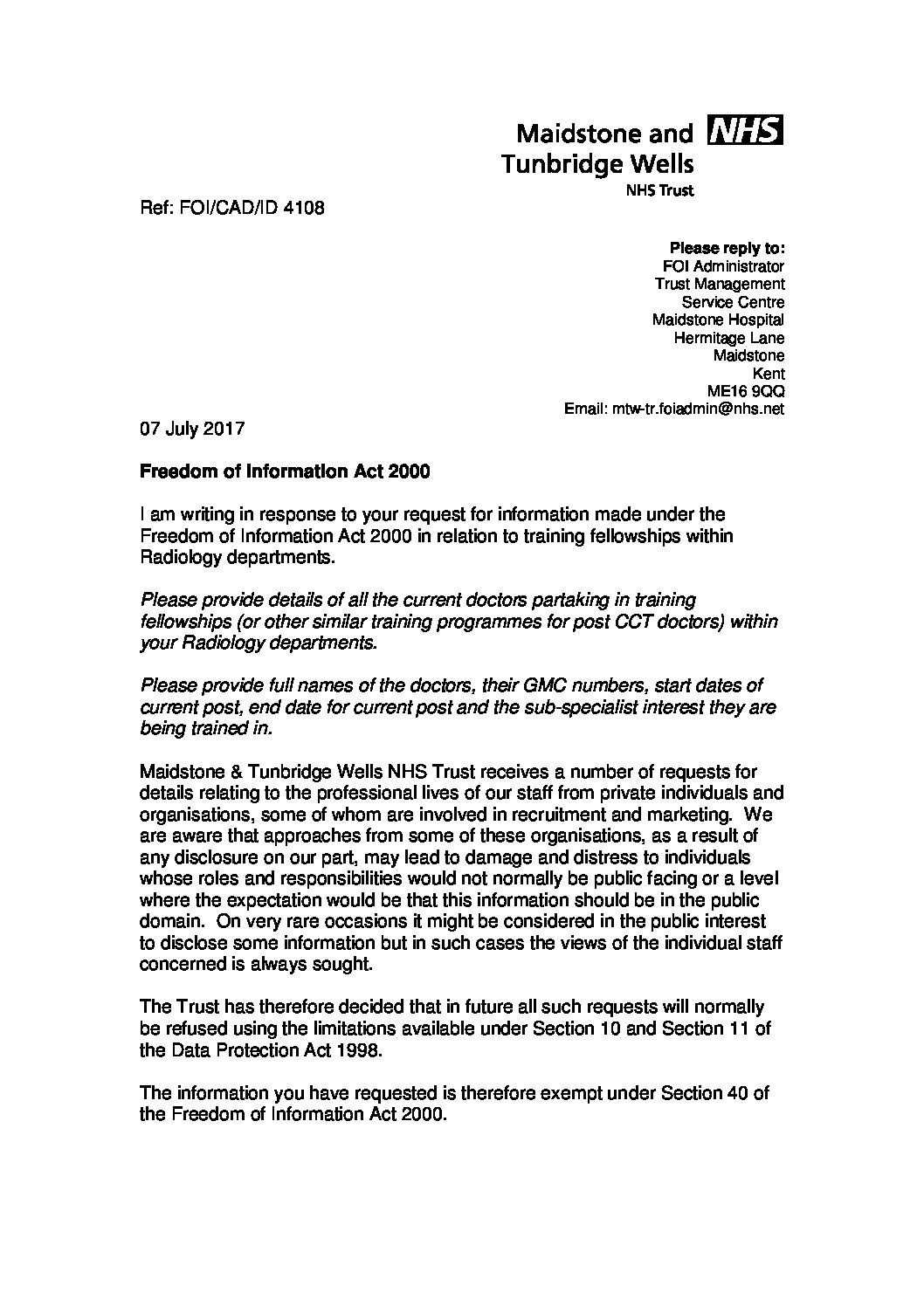 Download response Training fellowships within Radiology departments