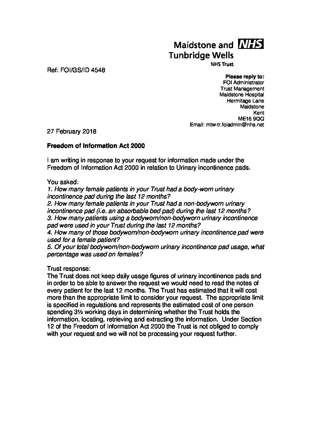 Download response Urinary incontinence pads. 270218 Maidstone and