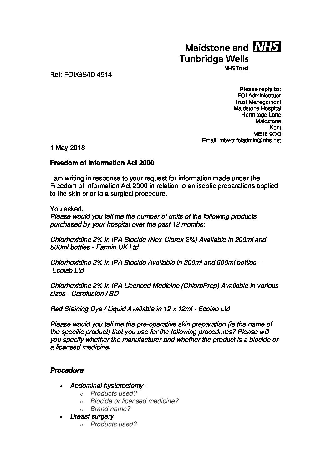 Download response Antiseptic preparations applied to the skin prior to