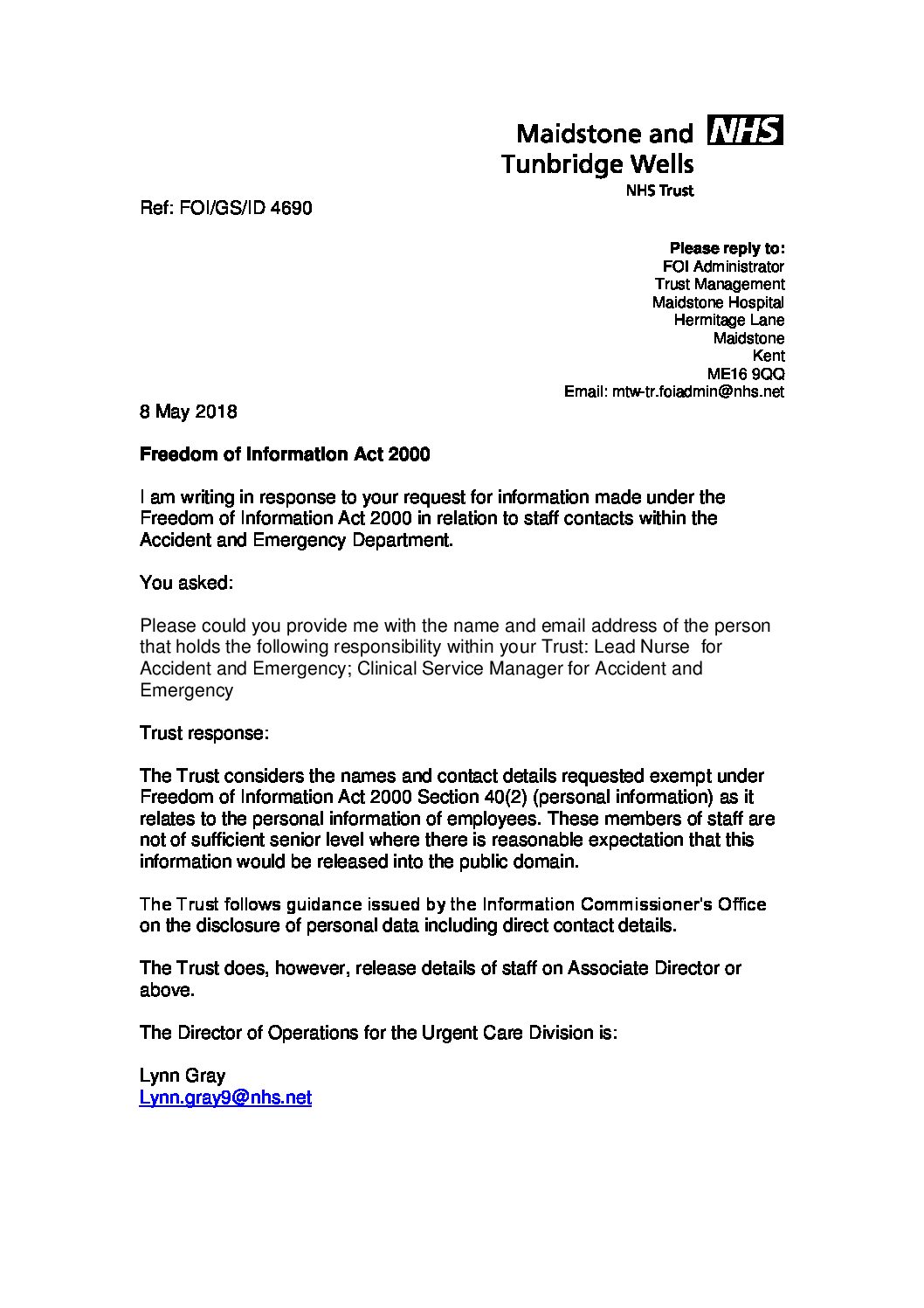 Download response Staff contacts within the Accident and Emergency