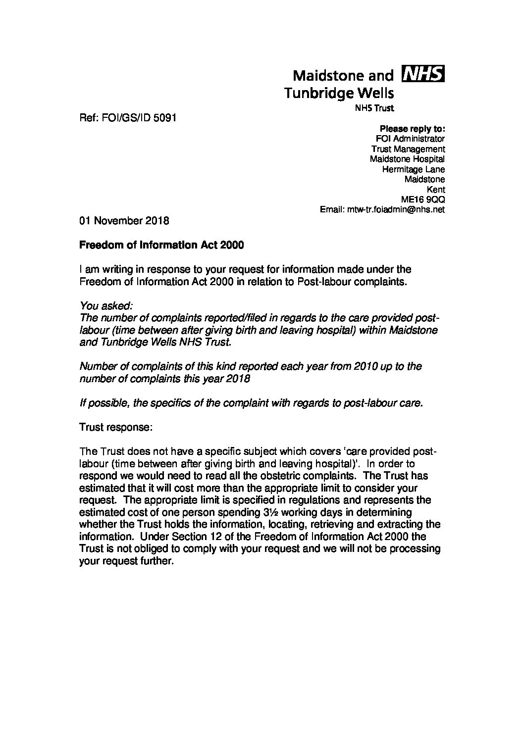 Download Response Post Labour Complaints 011118 Maidstone And Tunbridge Wells Nhs Trust