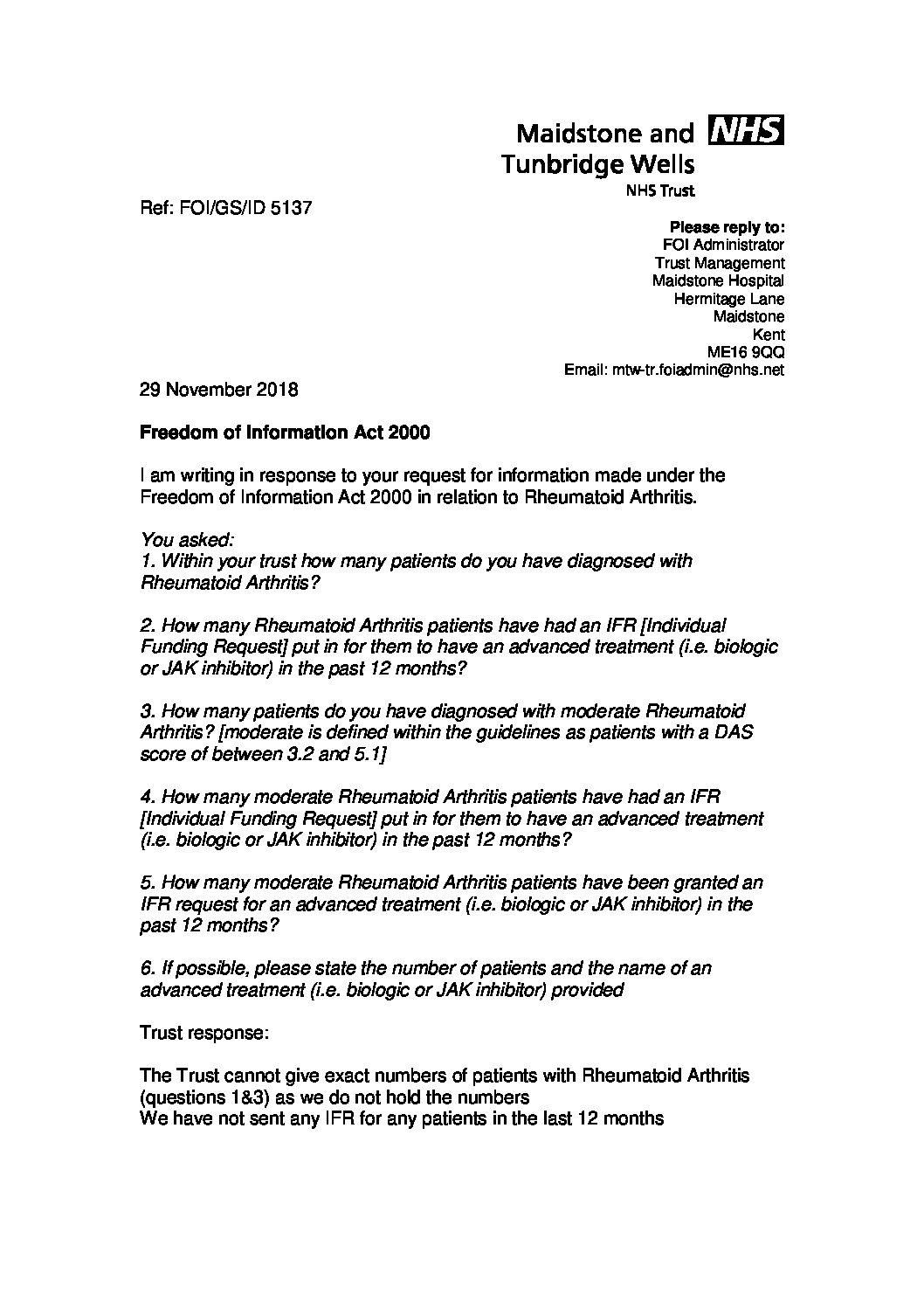 Download response Rheumatoid Arthritis. 291118 Maidstone and