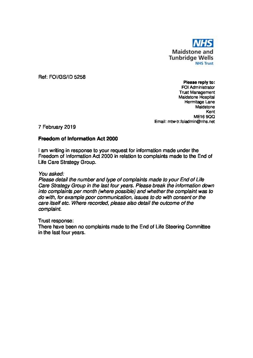Download response Complaints made to the End of Life Care Strategy