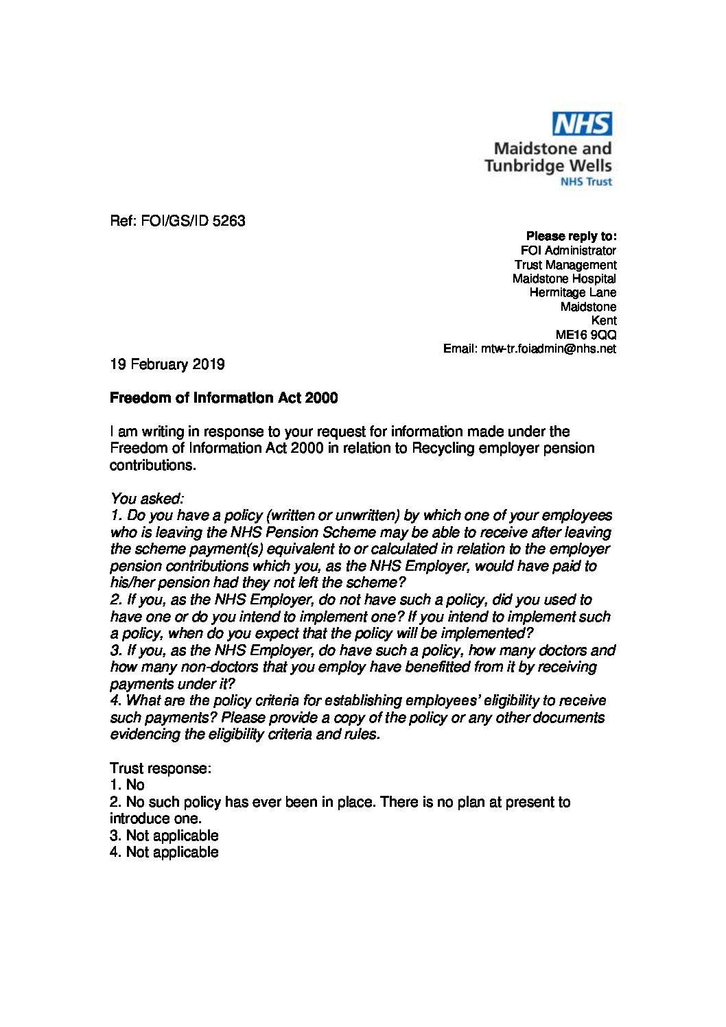 Download response Recycling employer pension contributions. 190219 Maidstone and Tunbridge