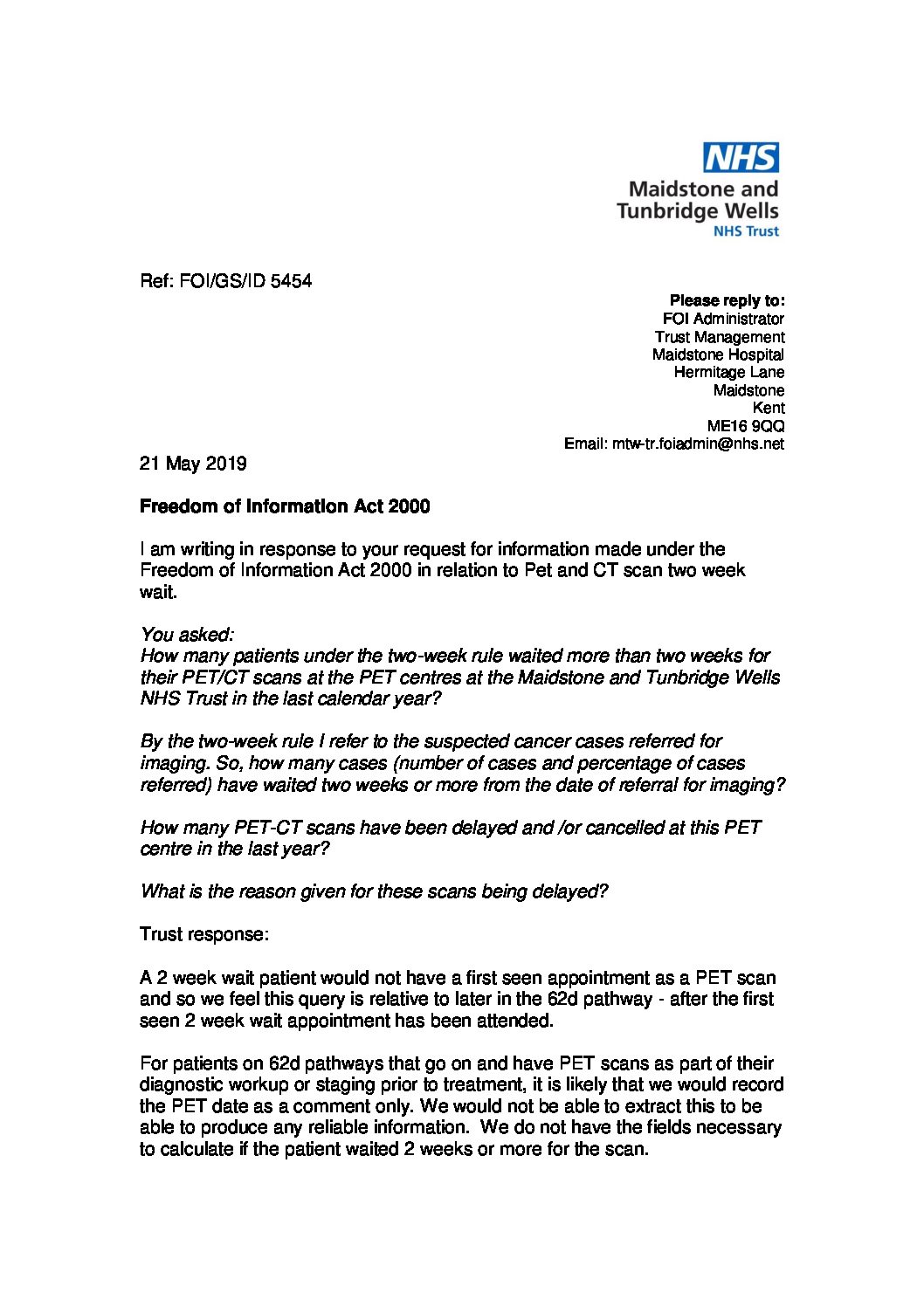 Download response Pet and CT scan two week wait. 210519 Maidstone and