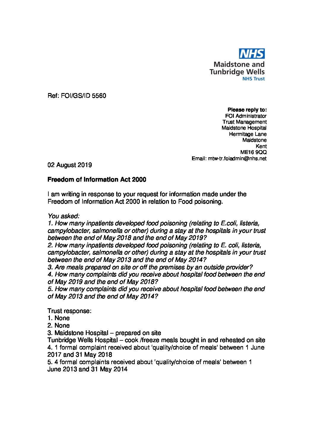 Download response Food poisoning. 020819 Maidstone and Tunbridge