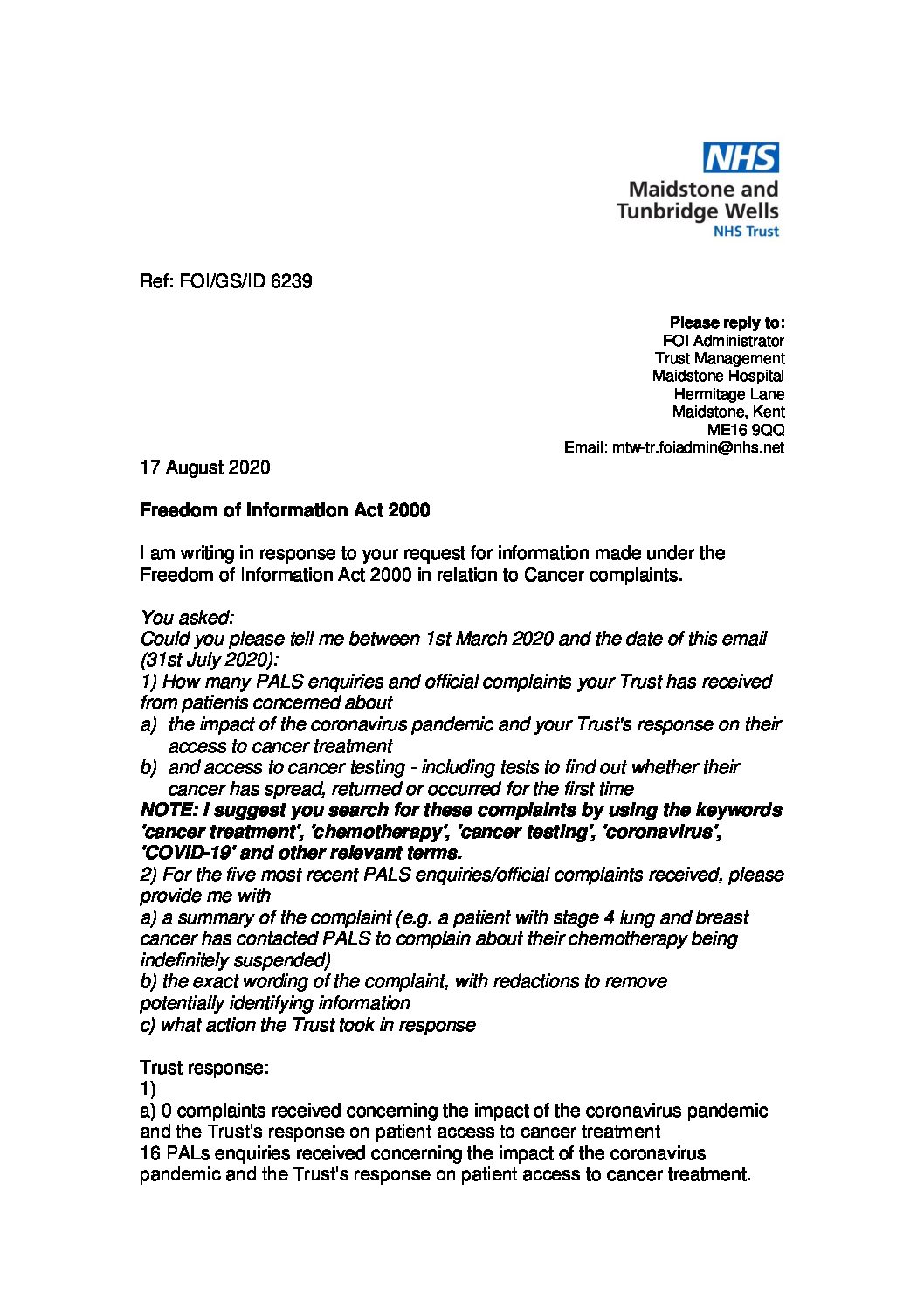 Download response Cancer complaints. 170820 Maidstone and Tunbridge