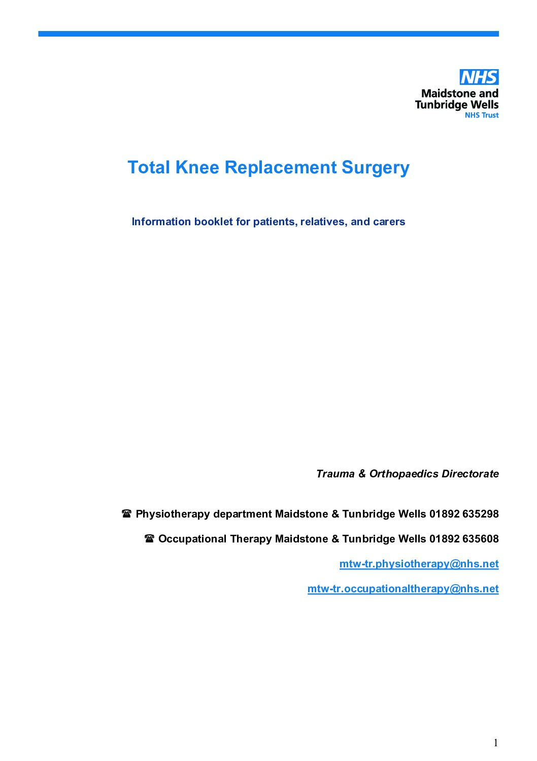 Knee Replacement Information Booklet Maidstone and Tunbridge Wells