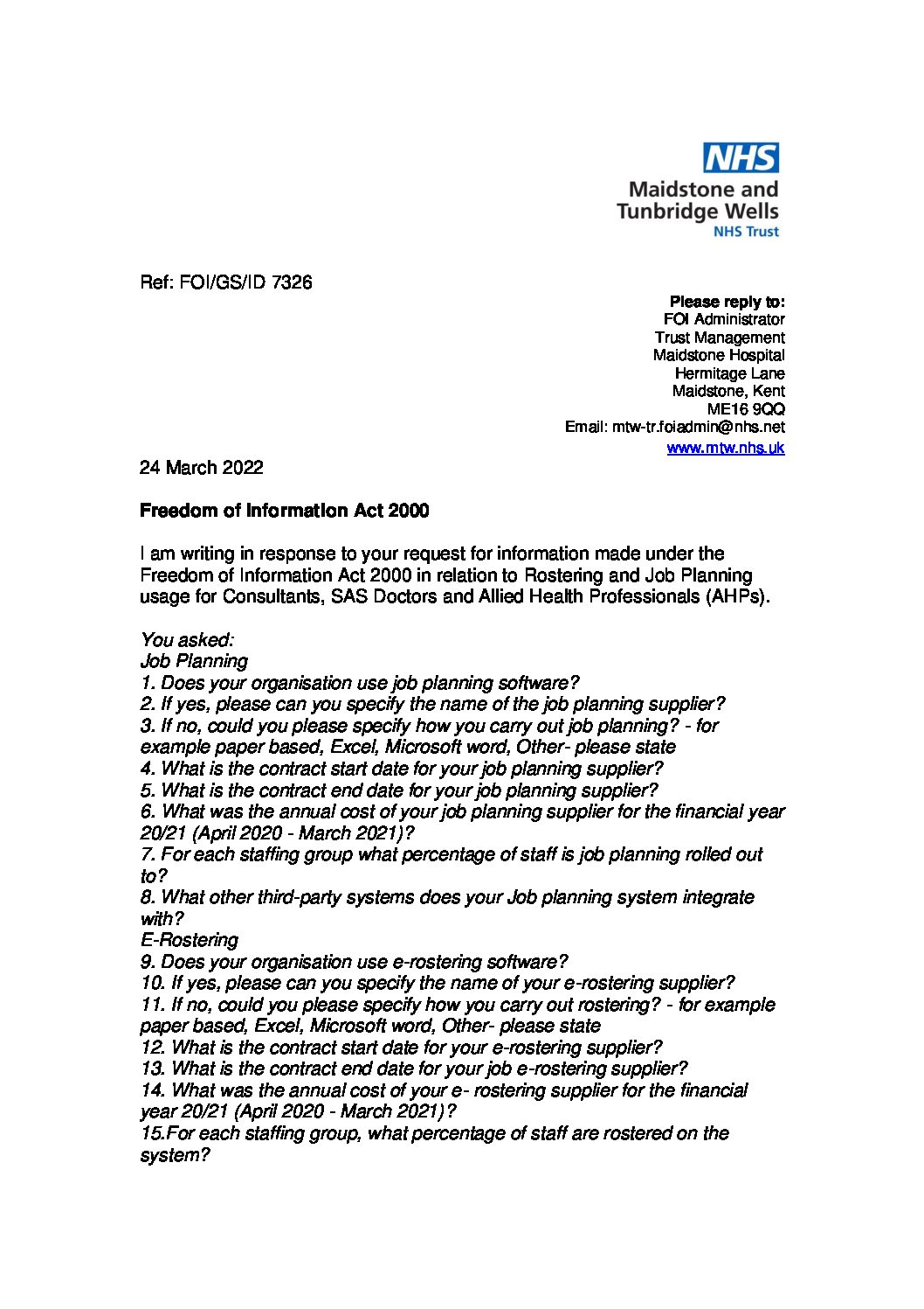 Rostering and Job Planning usage for Consultants, SAS Doctors and